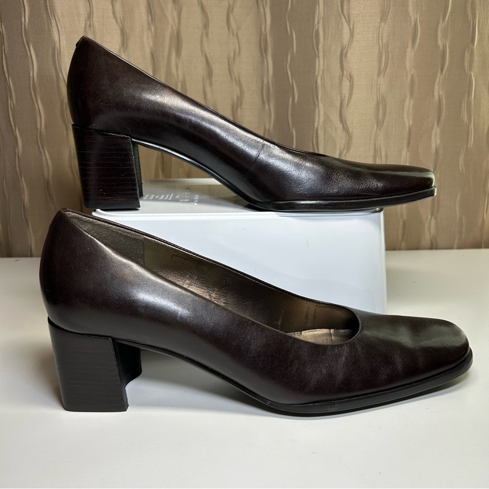 Enzo Angiolini Dark Brown Leather Block Heel Pumps